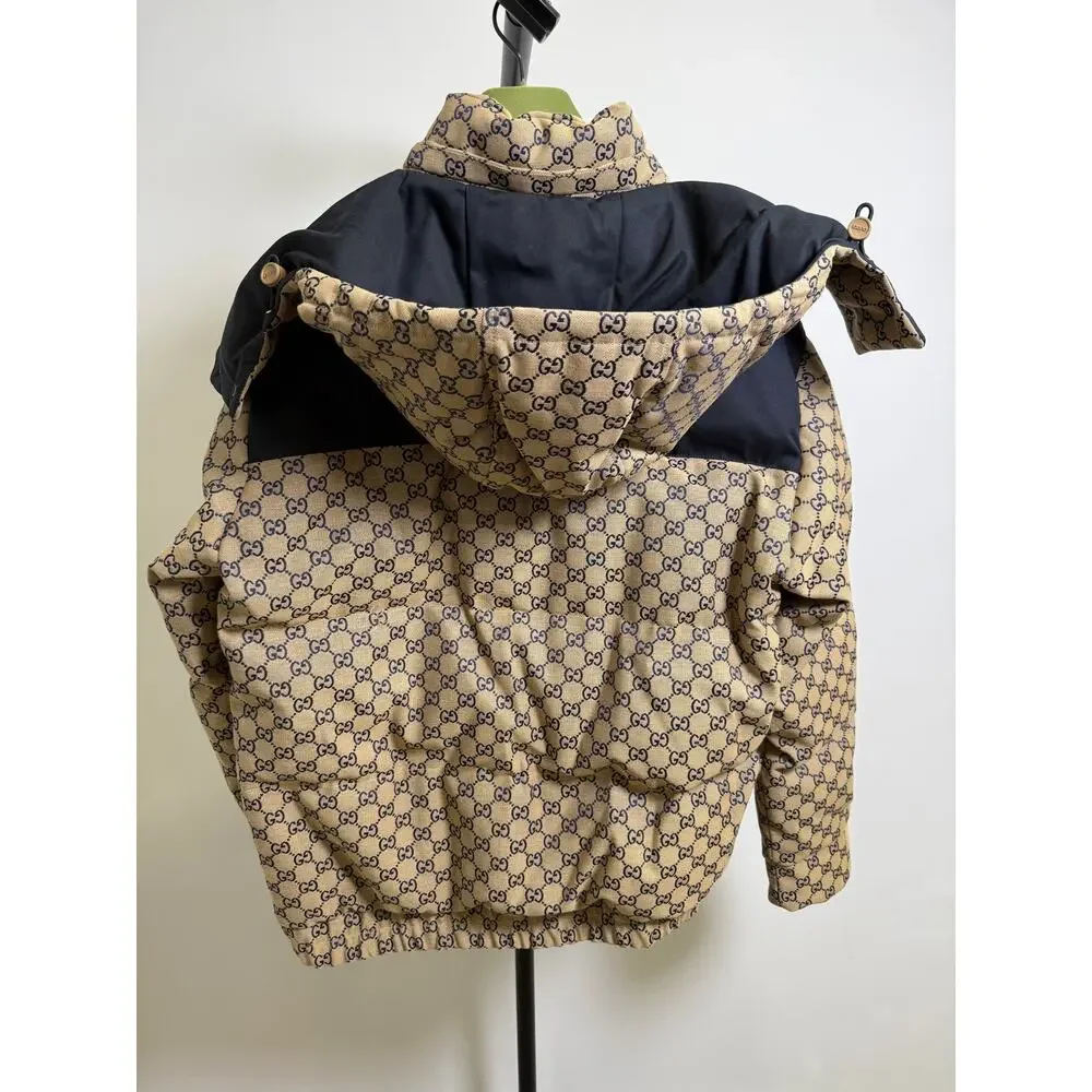 Gucci GG Monogram Down Jacket Navy Beige NWT Size 52 XL Hooded Puffer